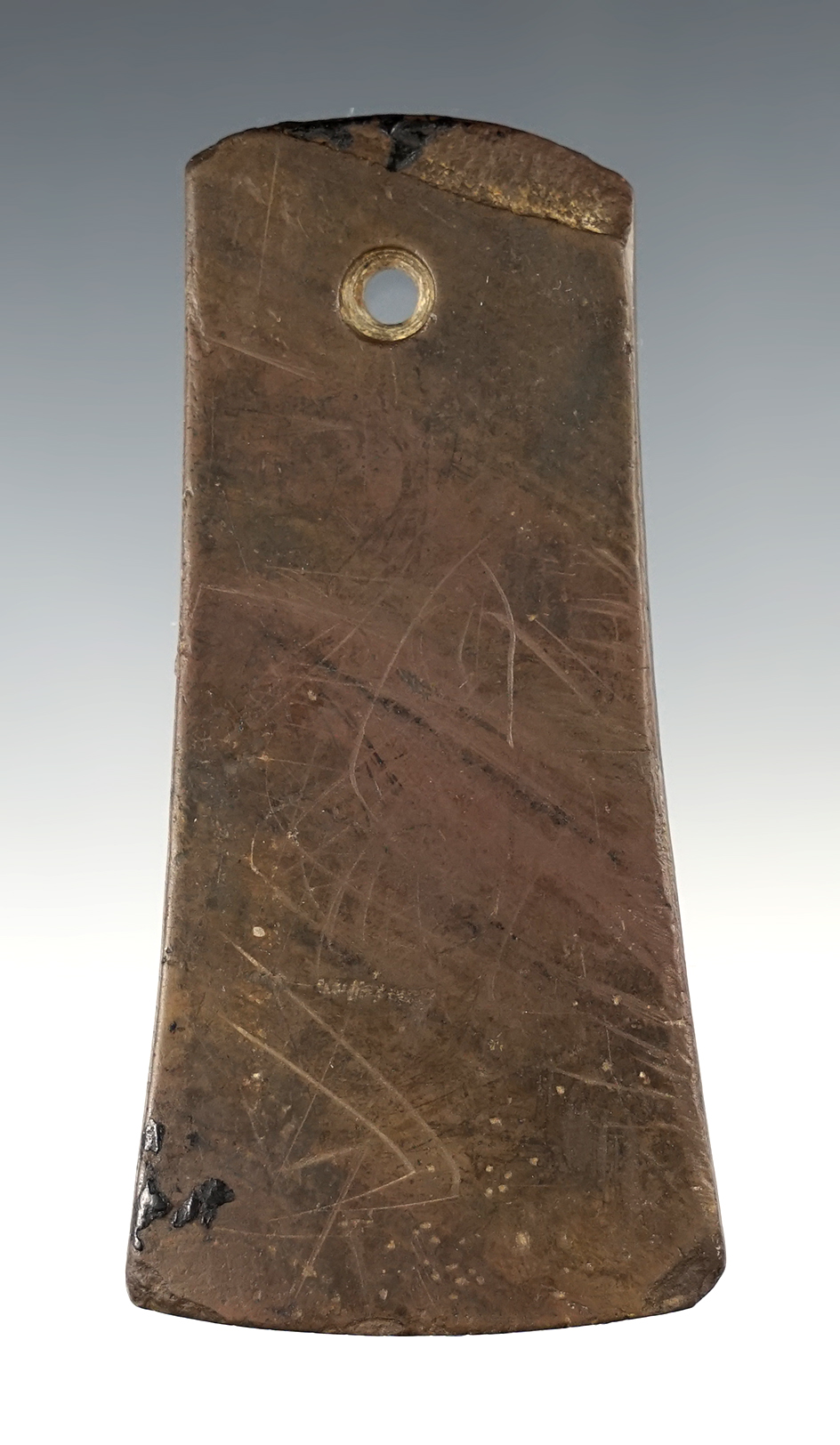 3 7/16" Pendant made from red slate that is anciently salvaged & engraved. Richland Co., Ohio. 