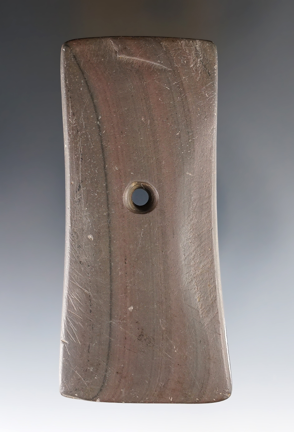 Fine 4 1/4" red slate Bell Pendant found in Ohio. Ex. Jon Dickinson collection.