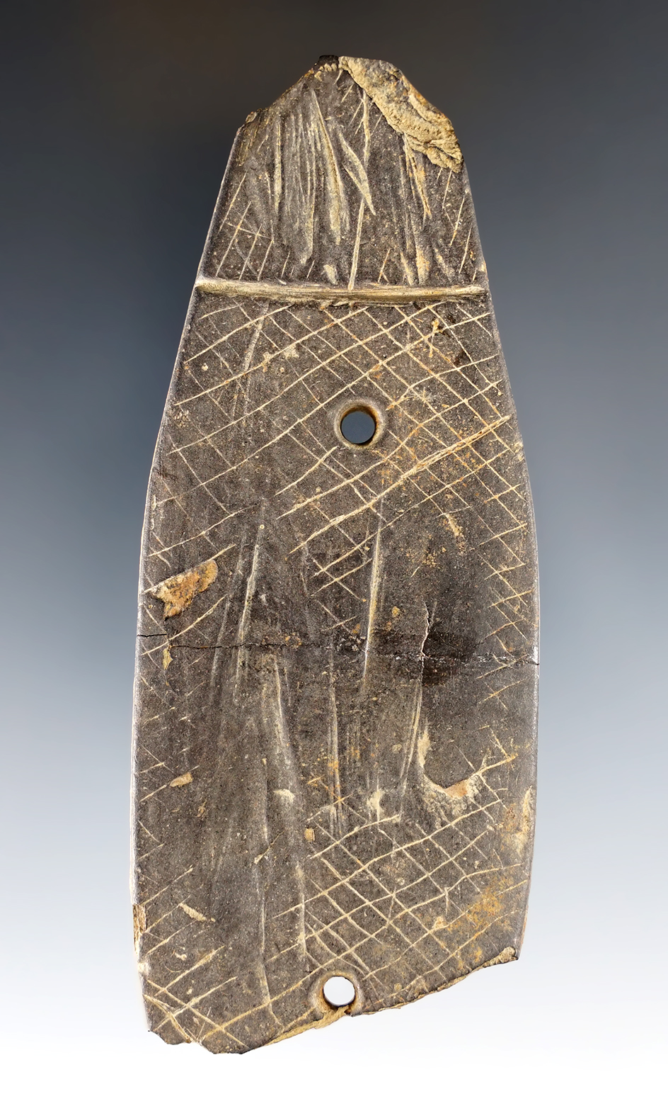 4 1/8" heavily Engraved Ohio Gorget. Damaged, but engraving is very unique!  Ex. Peter Allen collection.