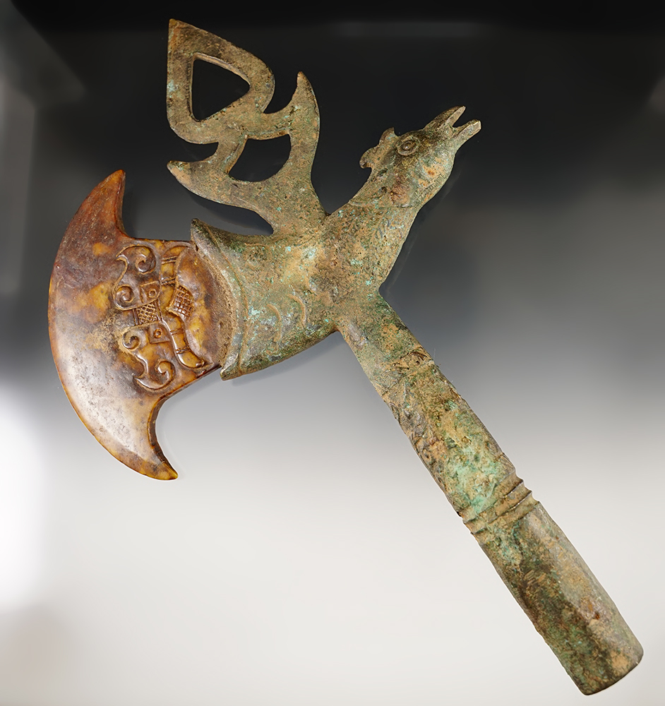 Old and rare! 11 3/4" Chinese Jade Axe inserted into a bronze shaft with an Avian effigy.