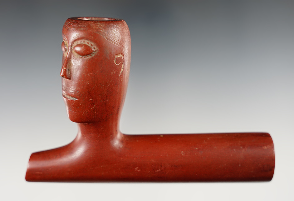 4 3/8" Catlinite T-type human effigy pipe from the Great Lakes Region. Ex Lee Hallman.