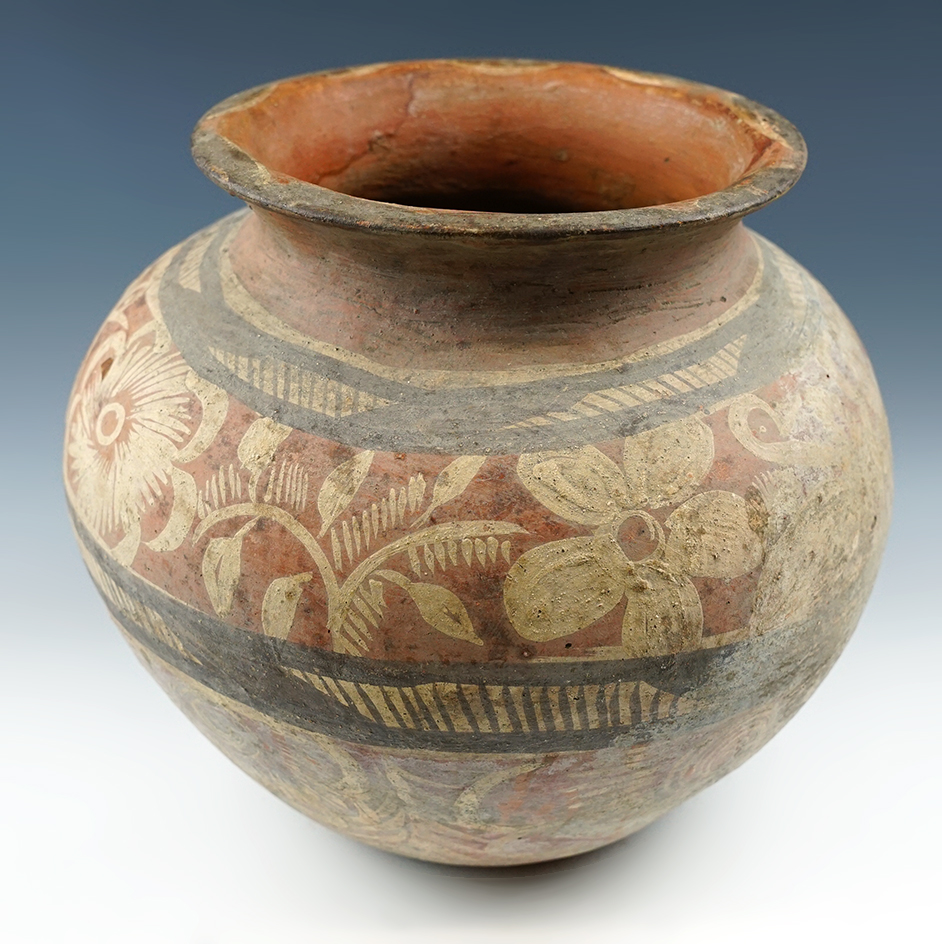 Heavily patinated 8 1/2" wide x 9" tall painted pottery vessel - Historic period. Southwest U.S.