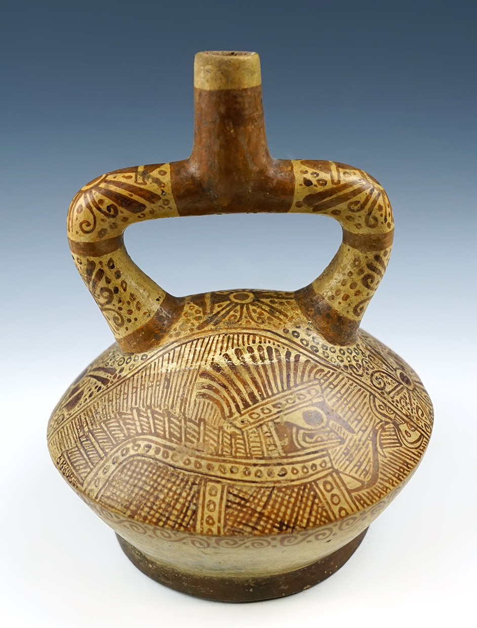 7 1/4" tall x 5" wide Moche fine line pottery vessel from Peru. Ex. Mike Thursby, Marvin King.