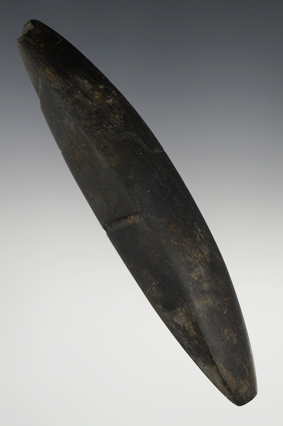 5 1/8" Elliptical Bar Atlatl weight with tie-on grooves - Ohio - Glacial Slate, nicely patinated.