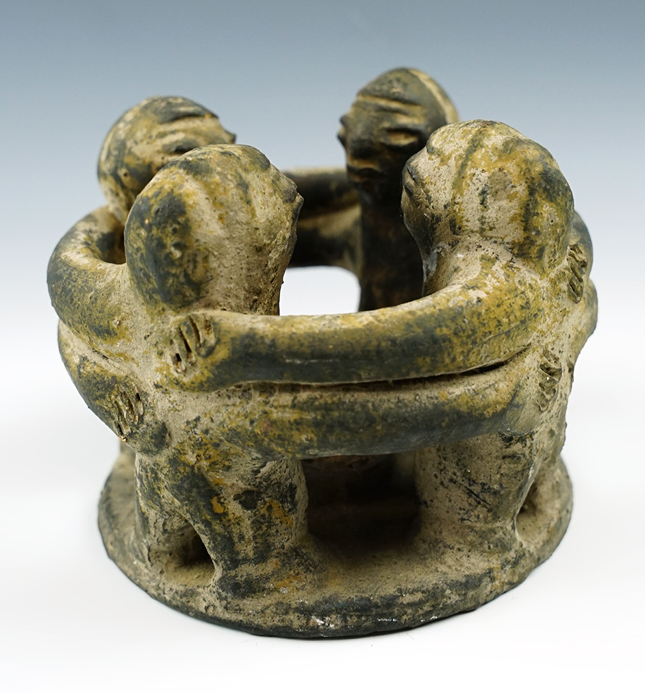 Unique Pre-Columbian 4" tall x 5" wide pottery - featuring 4 human figures circling a large bowl.