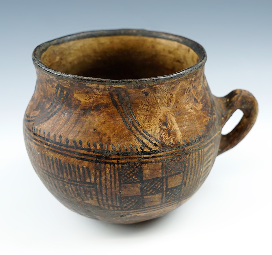 5 3/4" very old handled pottery vessel in solid condition from Morocco.