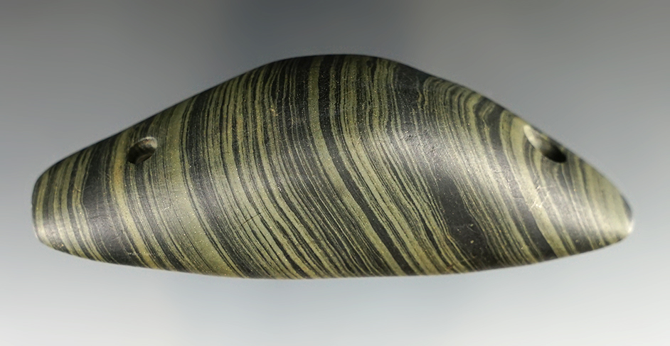 3 5/8" Nicely scooped Boatstone - Franklin Co., Ohio - banded green and black glacial slate.