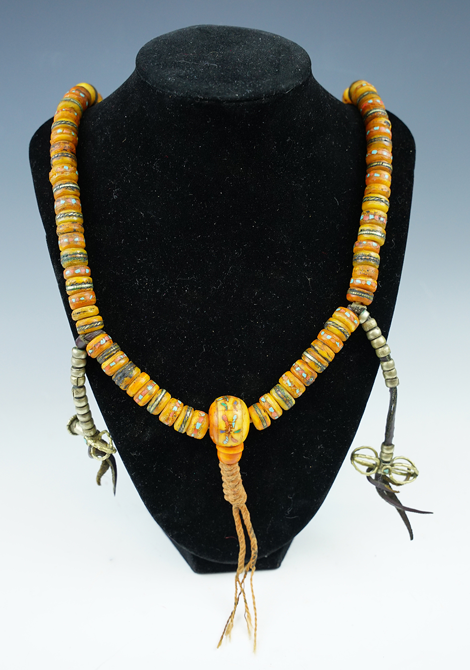 Exceptional strand! 24" long strand of beautifully inlaid stone beads, some metal beads- Peru.