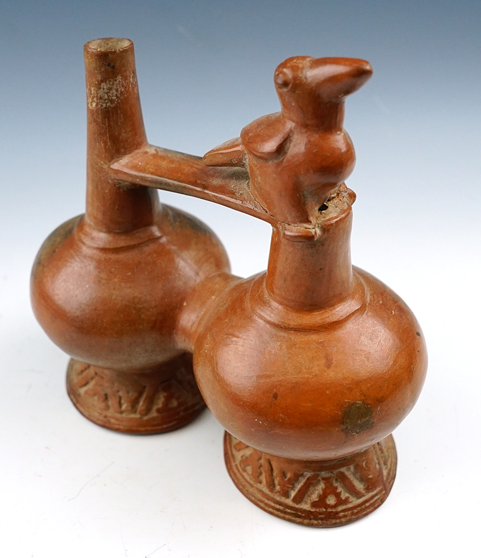 Well styled 6 1/4" wide x 5 3/4" tall Sican horizontal compound pottery vessel - Peru. Bird effigy.