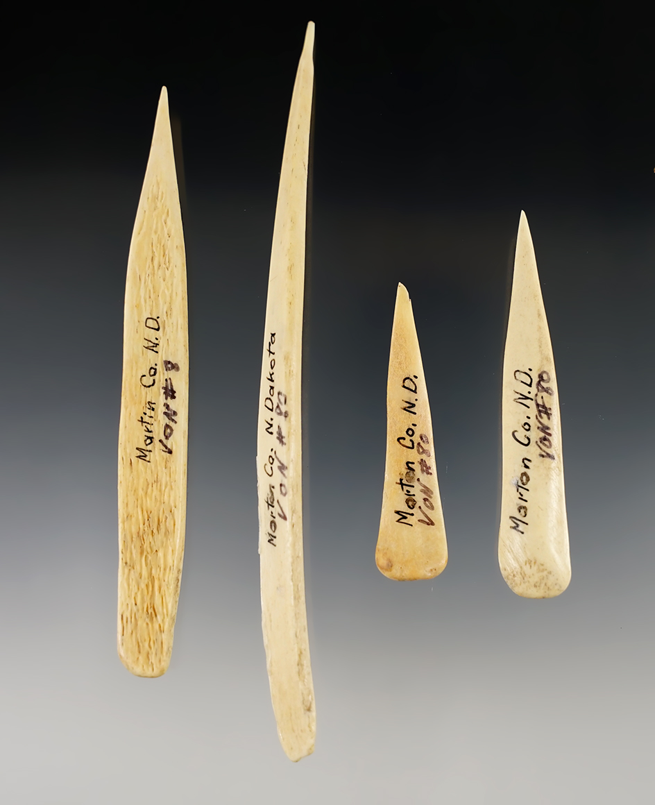 Set of 4 bone Awls, largest is 5 5/8". All found in Martin Co., North Dakota.