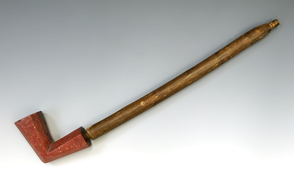 2 3/4" long octagon shaped Catlinite Pipe with the original 11 1/2" wood stem.