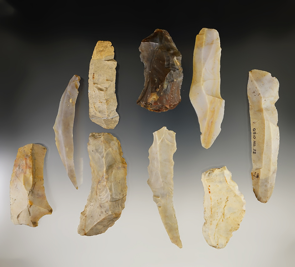 Frame of Flint Ridge Flint assorted uniface tools found in Ohio. Largest is 4 7/8".