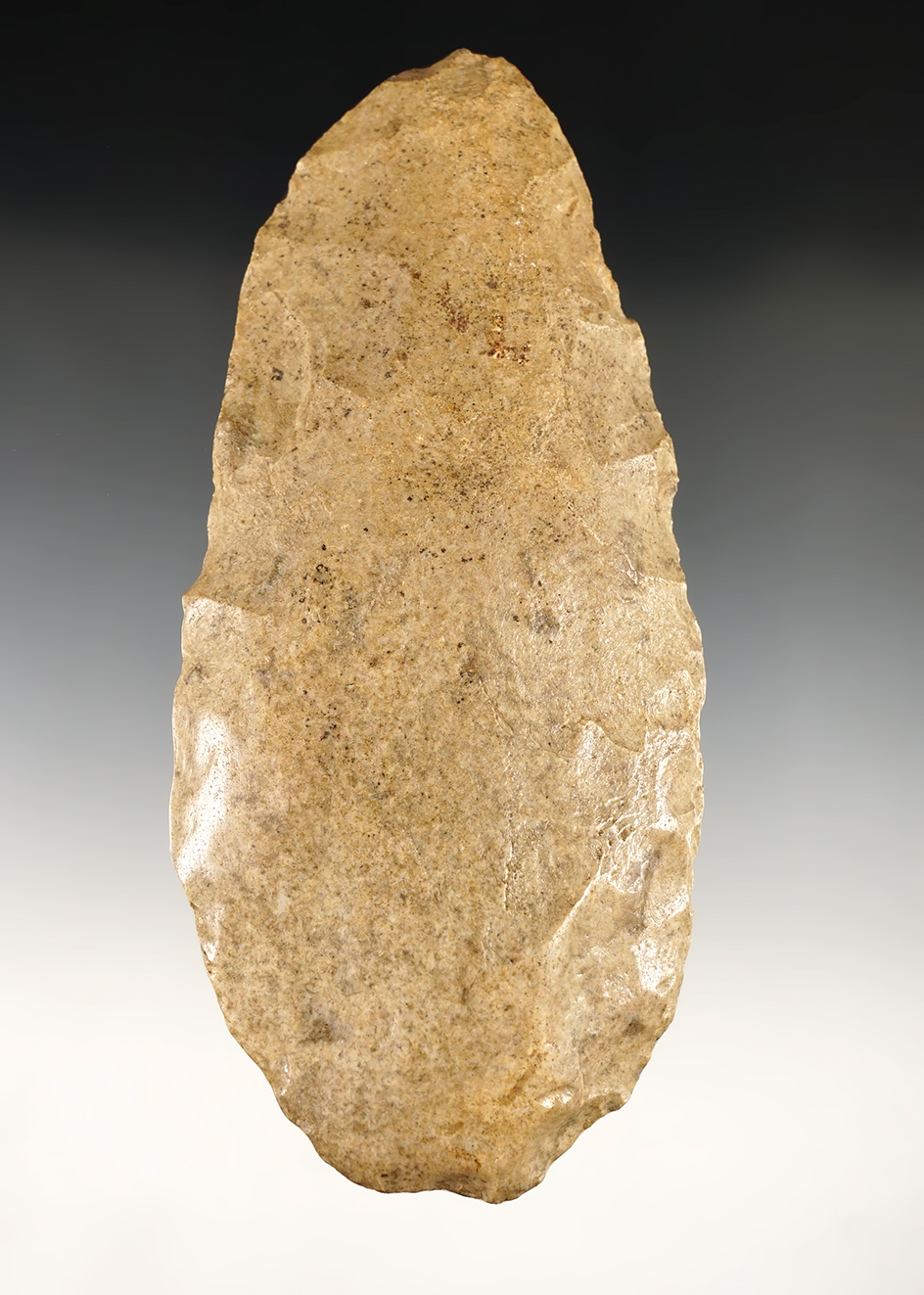 6 7/16" Hoe made from Mill Creek Chert with excellent use polish to bit area. Found in Illinois.