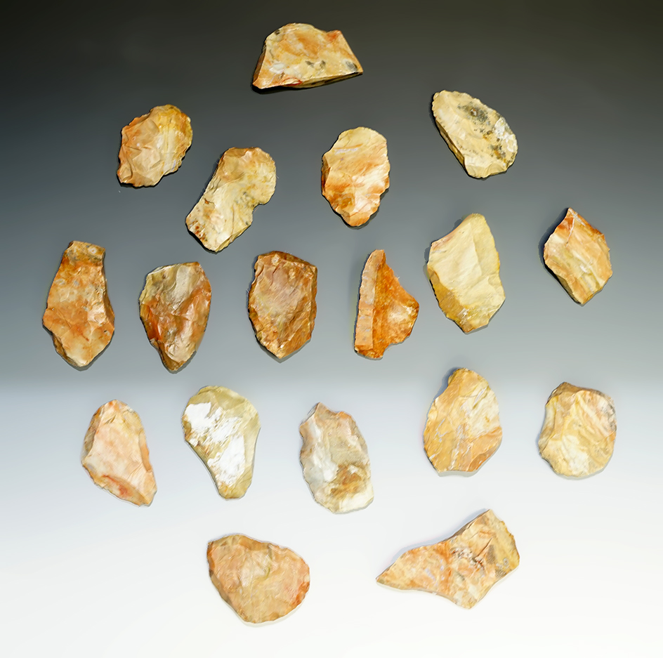 13 Blanks, largest is 5" from the Gray LaDassor Cache. Made from heat treated Crescent Quarry Flint.