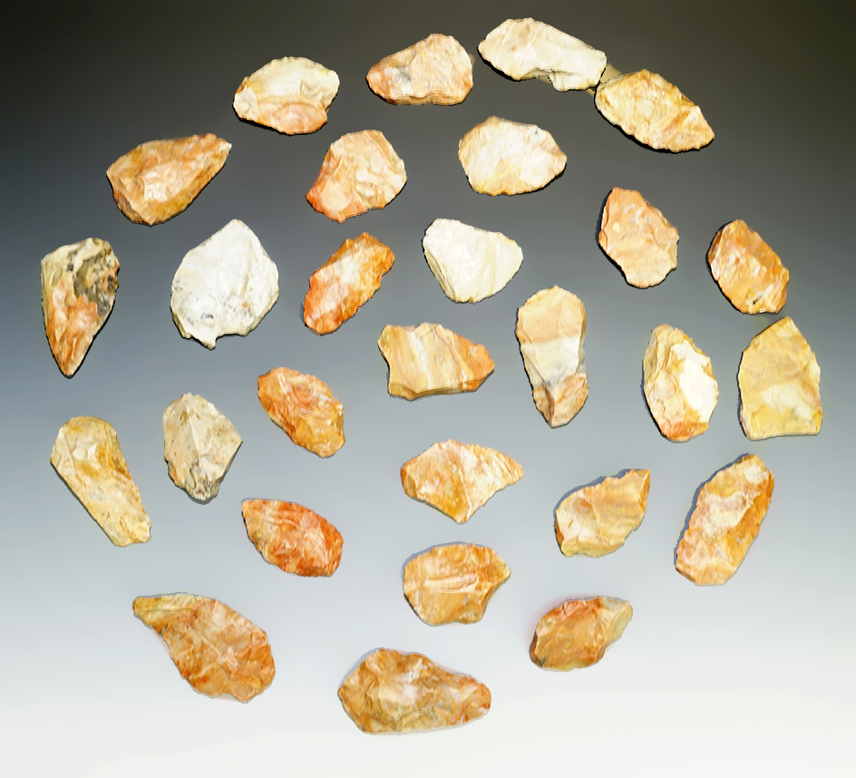 49 Blanks, largest is 3 1/2" from the Gray LaDassor Cache. Made from heat treated Crescent Quarry Fl