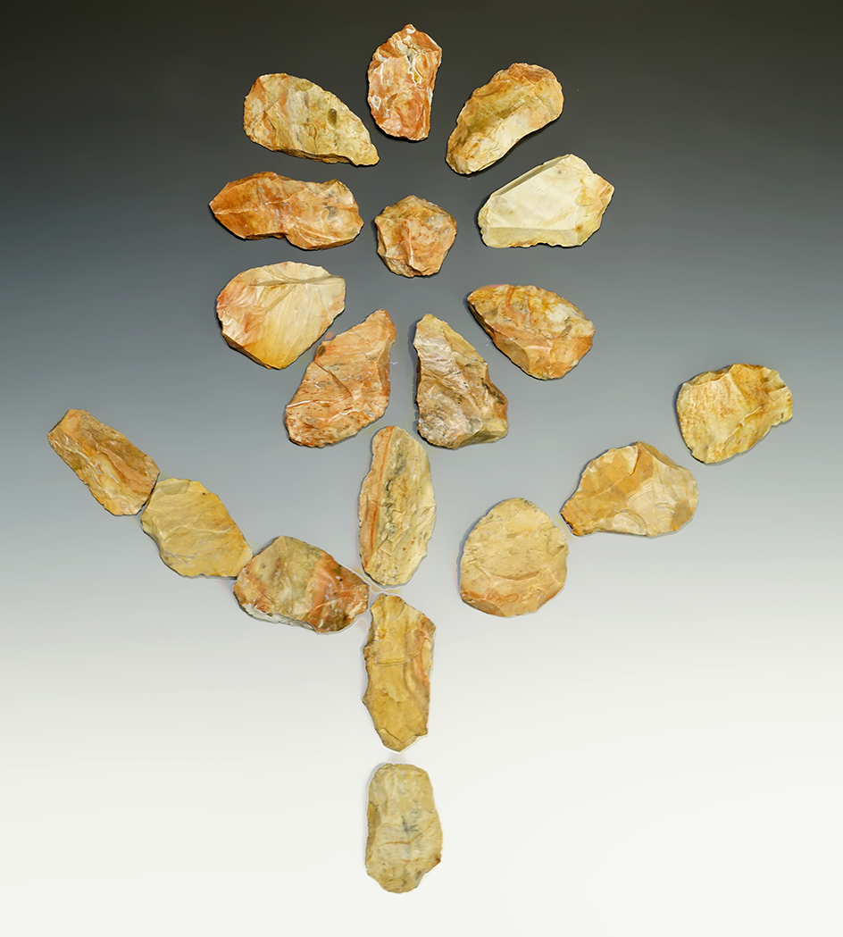 19 Blanks, largest is 4 1/4" from the Gray LaDassor Cache. Made from heat treated Crescent Quarry Fl