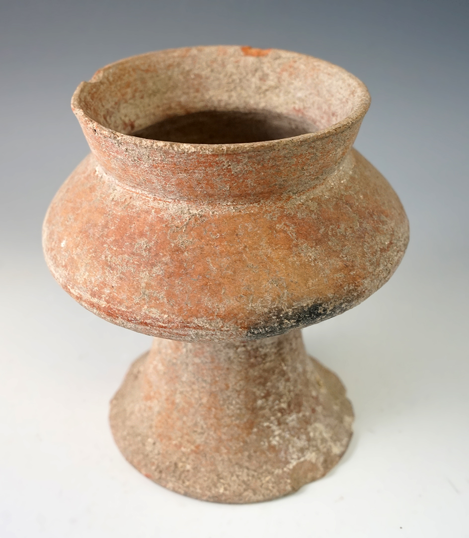 5 3/8" Ban Chang period Pedestal pottery vessel found in Burma in solid condition.