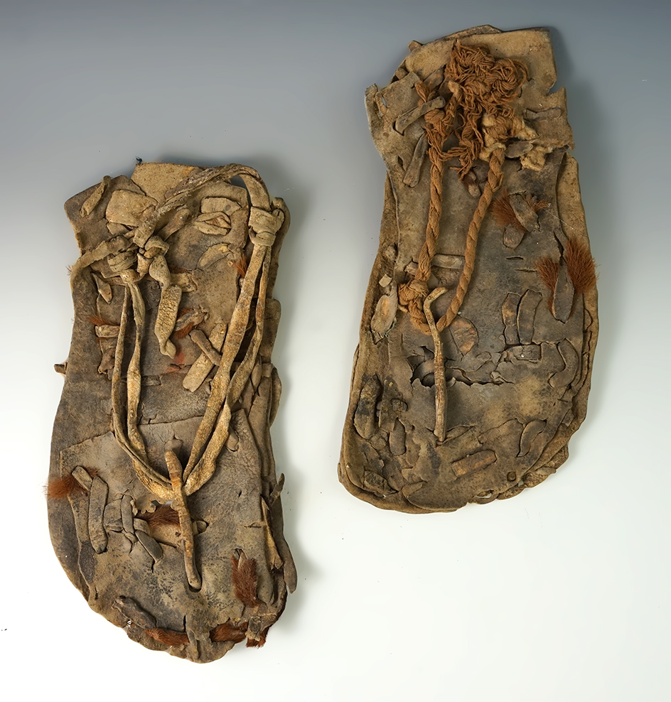 Beautifully preserved pair of prehistoric cave found moccasins made from leather. Arizona.