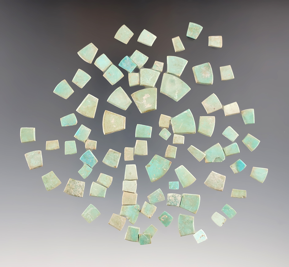 Beautiful selection of Hohokam cut turquoise pieces found together in Cabell Co., Arizona.
