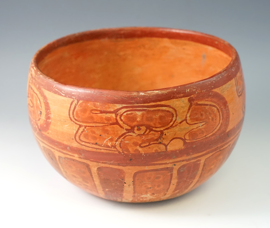 7 7/8" Wide by 4 1/2" Tall Mayan Pottery Vessel made from Terra Cotta, recovered in Mexico.