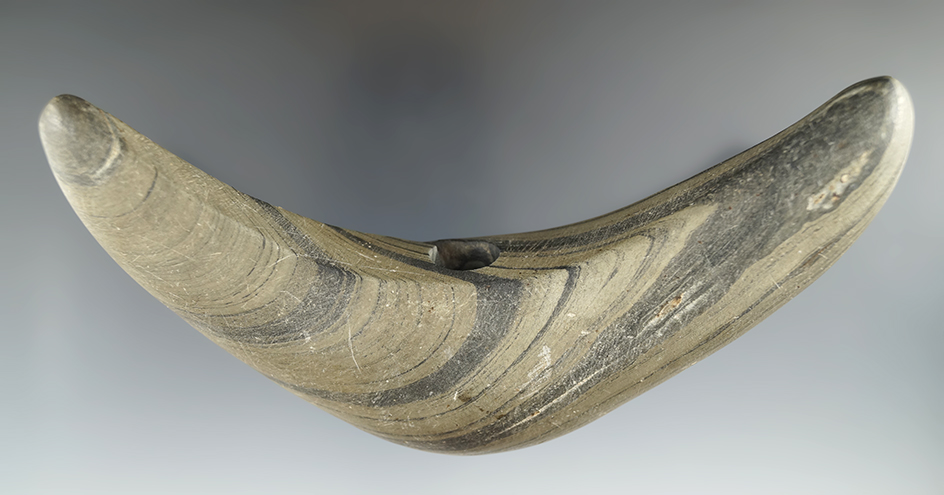 Highly banded 5 7/8" Crescent Bannerstone made from Banded Slate, found in Richland Co., OH.