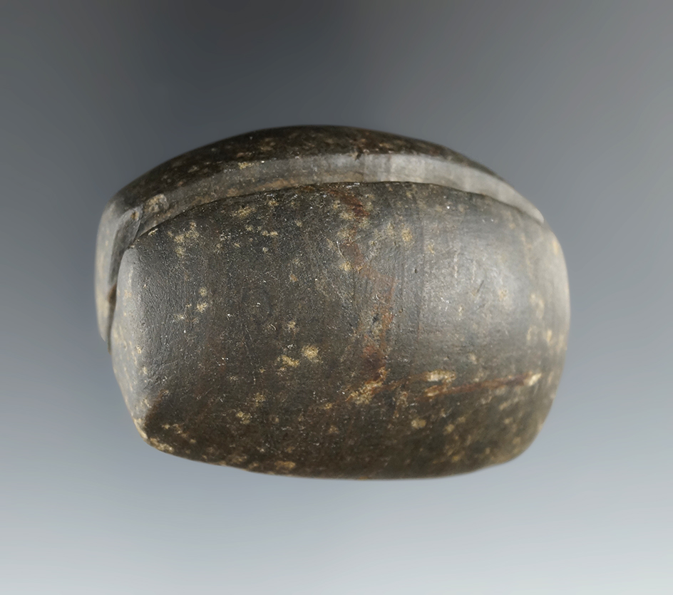 2 1/4" x 1 11/16" Archaic Grooved Loafstone found in Randolph Co., Indiana. Pictured