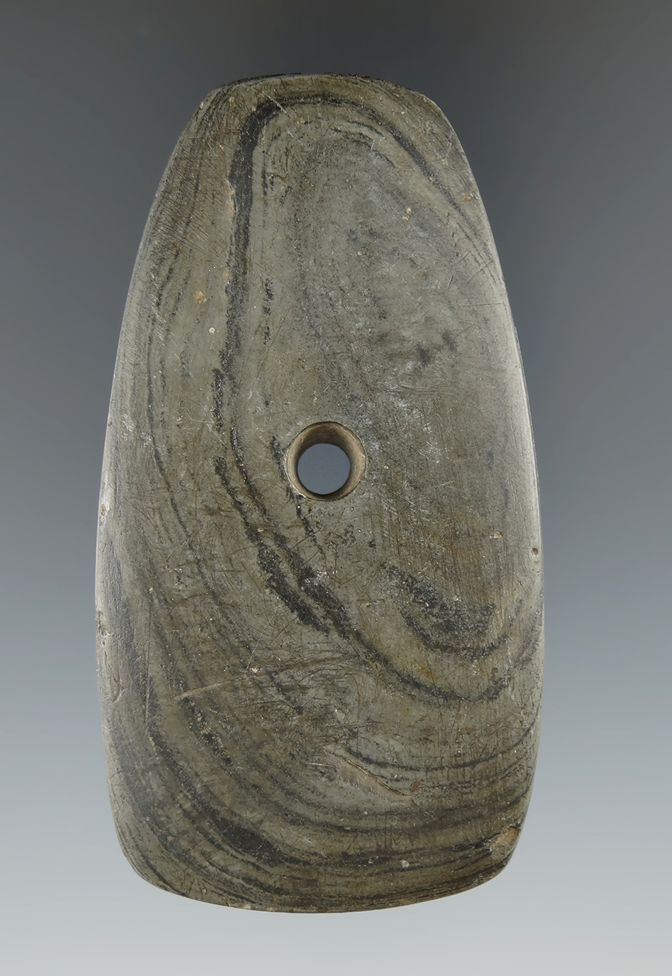 3 3/8" Adena Pendant made from Mottled Slate, found in Calhoun Co., Michigan.