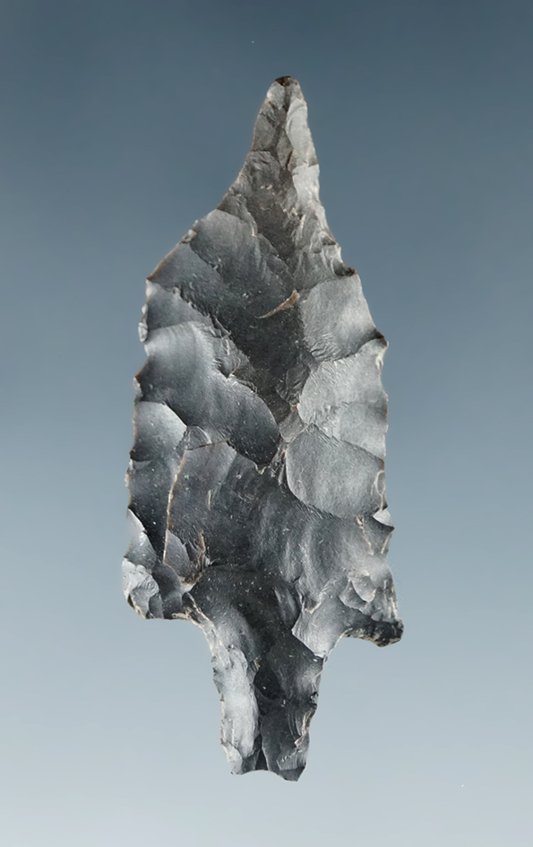 Unique 1 5/16" stemmed point, with a perforator tip, found near the Columbia River. Ex. Schmid.