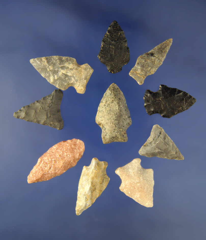 Group of 10 assorted   Arrowheads found in North Carolina and Virginia. Largest is 1 3/8".