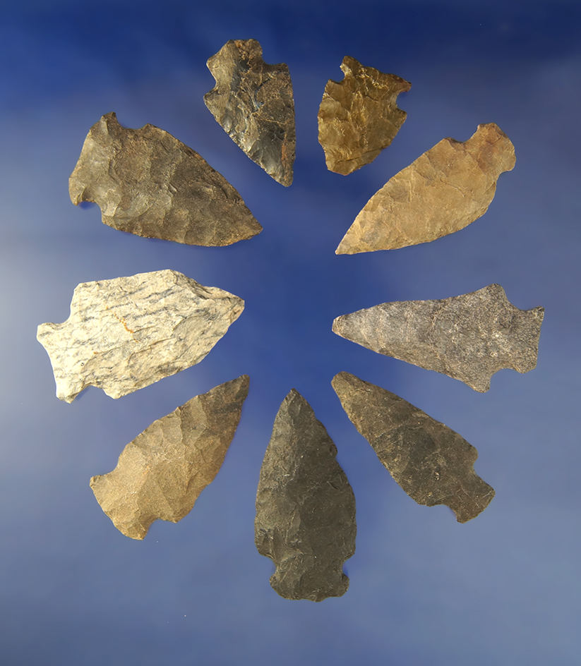 Group of 9 assorted   Arrowheads found in North Carolina and Virginia. Largest is 2".