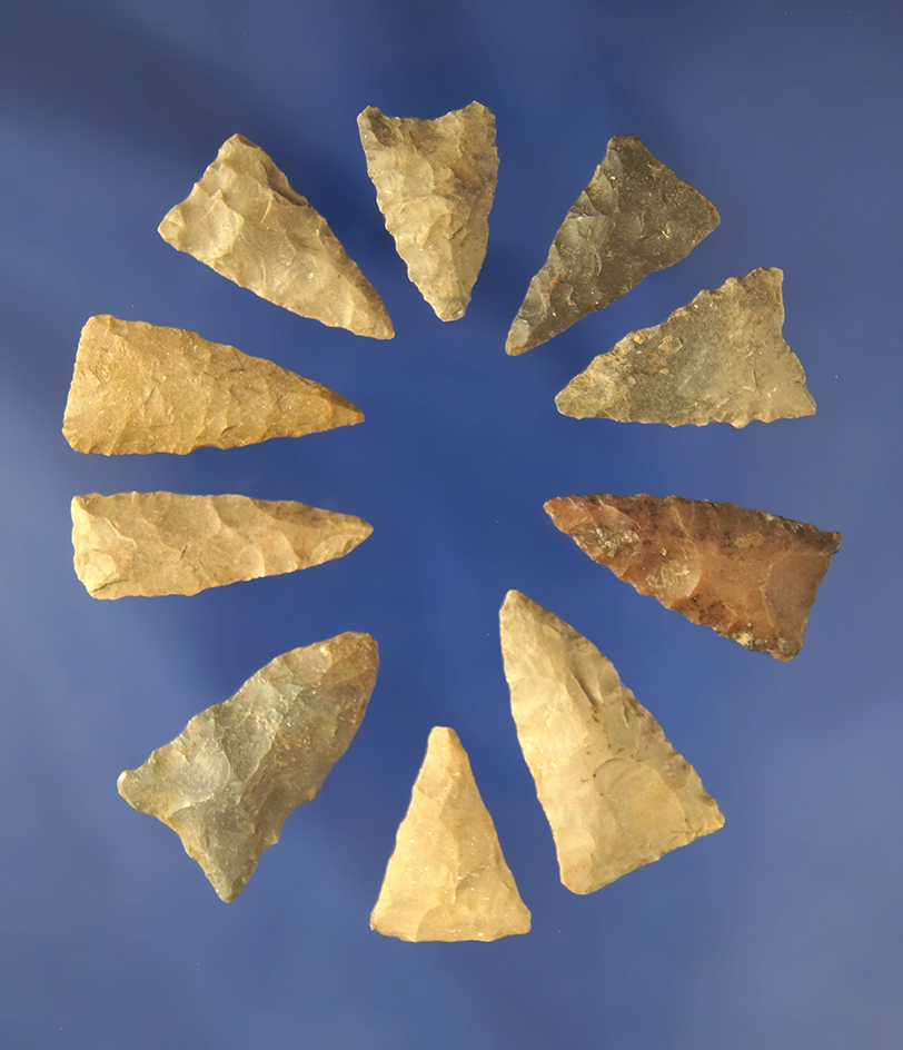 Group of 10 Triangle   Arrowheads found in Greenup Co., Kentucky - Judge Claxton Collection.