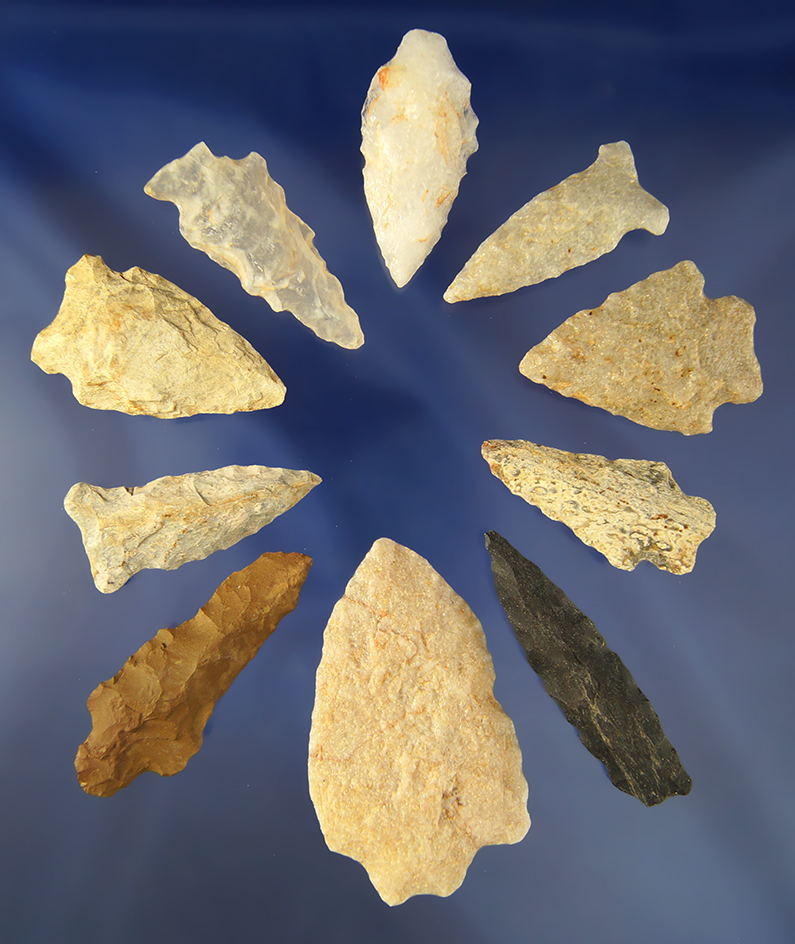 Group of 10 assorted   Arrowheads found in North Carolina and Virginia. Largest is 2 11/16".