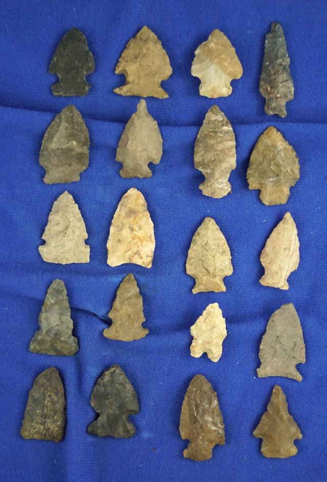 Set of 20 assorted arrowheads in good condition found in southern Michigan.