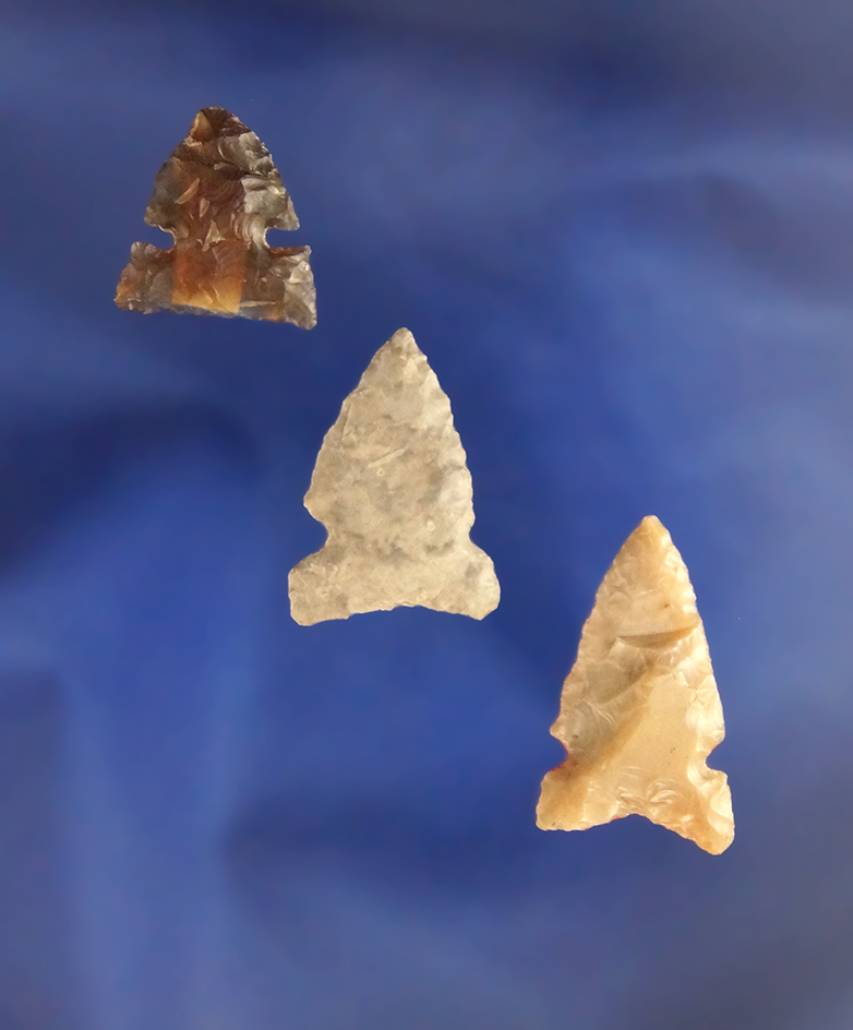 Set of three Desert Sidenotch Arrowheads, largest is 7/8" found in South Dakota.