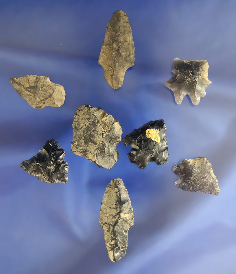 Set of eight assorted arrowheads, largest is 1 3/8" found in Idaho in the 1940s – 1950s.