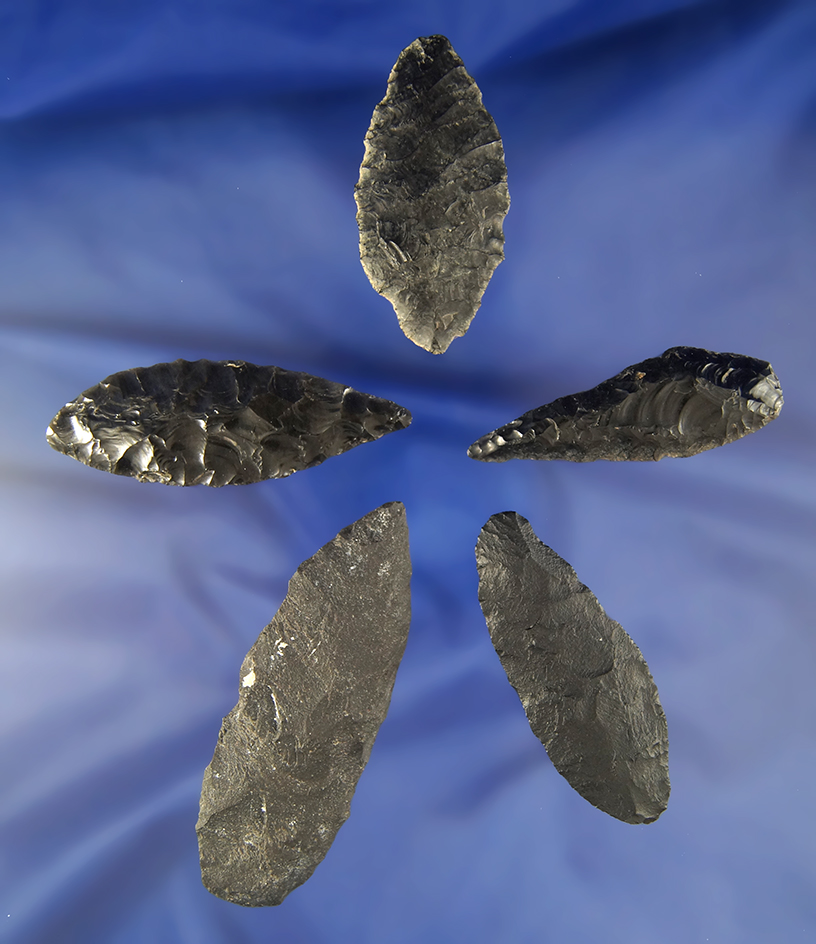 Set of five Obsidian Cascades found in Oregon, California and Nevada. Largest is 3 1/8".