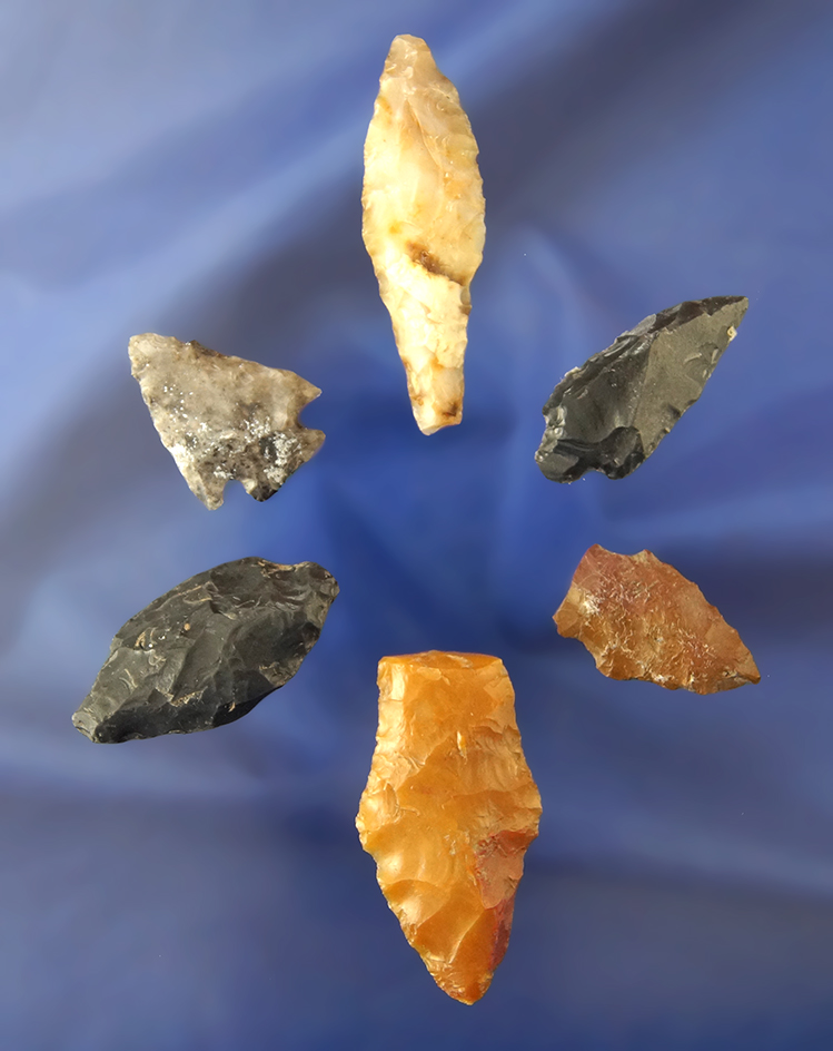 Set of six assorted Arrowheads, largest is 1 7/8" found on the Oregon side of the Columbia River Gor