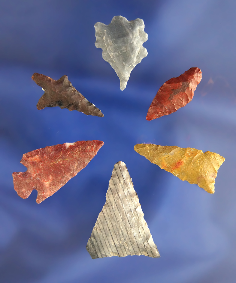 Set of six assorted arrowheads found in Washington and Nevada, largest is 1 1/4".