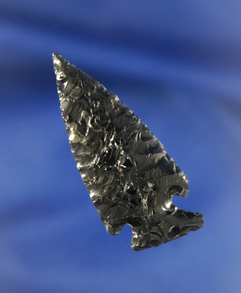 1 13/16" Elko Corner Notched which is exceptionally well flaked from Obsidian, found in Oregon.