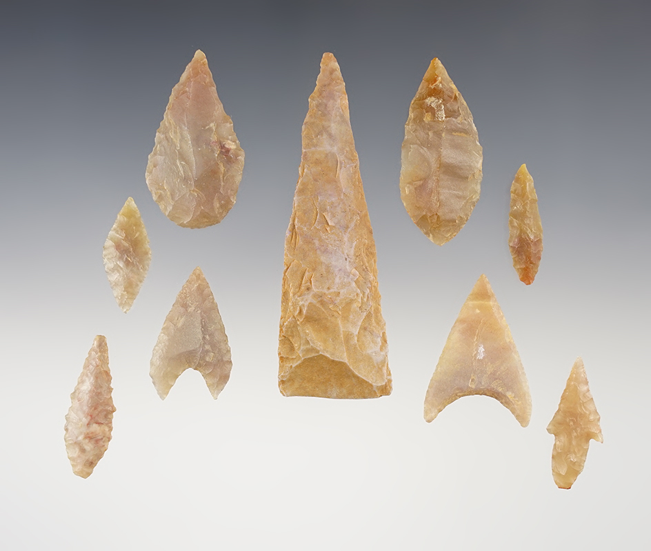 Set of 9 well patinated African Neolithic points in excellent condition. The largest is 3 5/16".