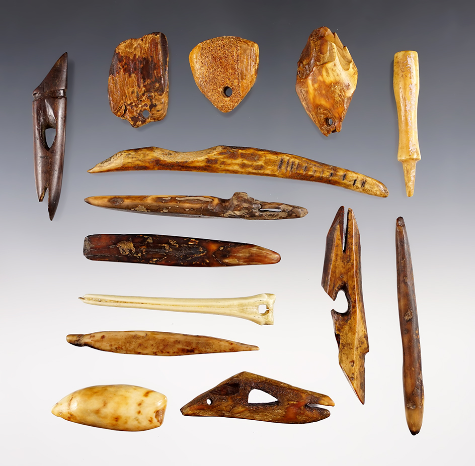 Set of 14 assorted Bone artifacts found in Alaska. The largest is 4 9/16".