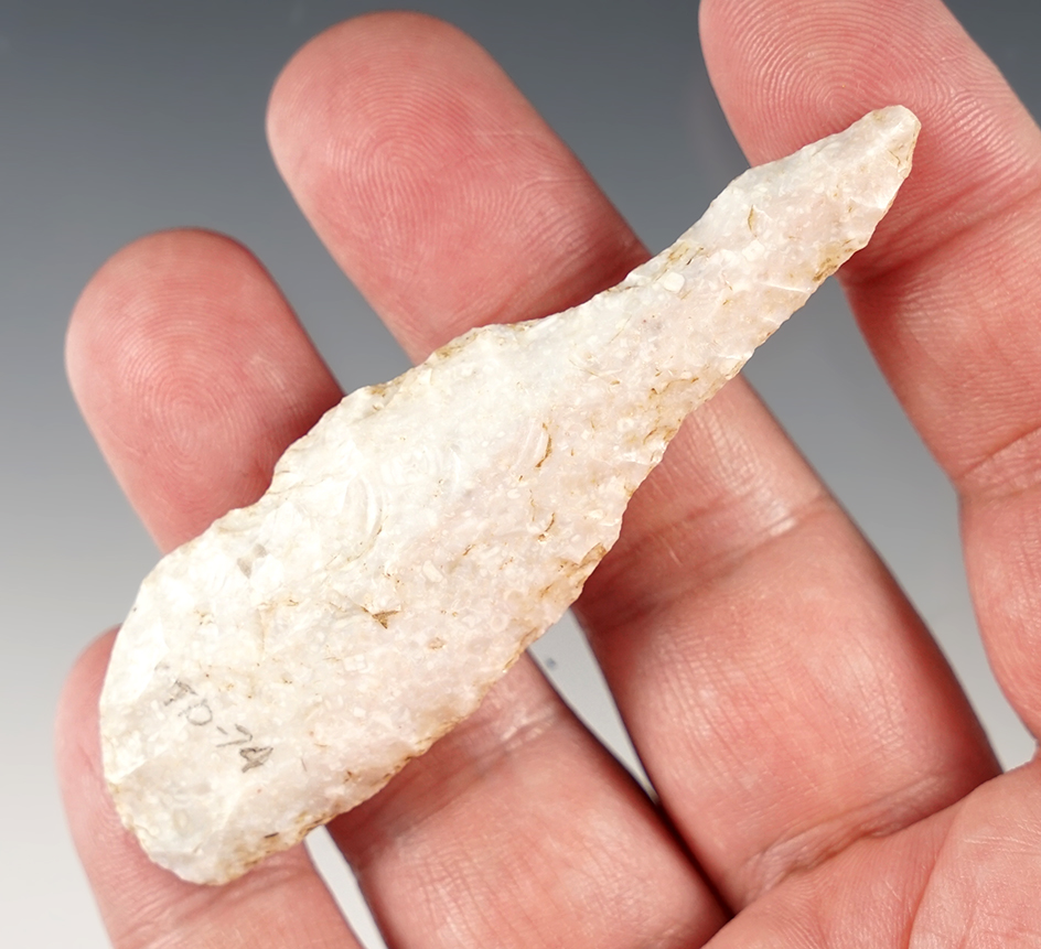 3 1/8" Southern Illinois Drill made from high-grade pink & white Kaolin Flint.