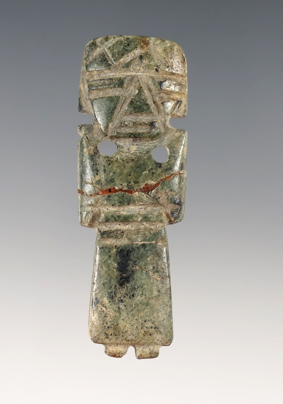 2 3/16" PreColumbian Jadeite Drilled Pendant that is broken and glued. Found in Mesoamerica. 