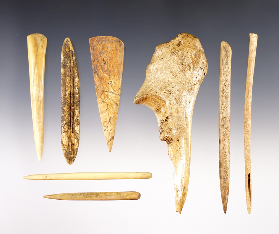 Set of 8 Bone Awls in good condition. The largest is 4 3/4".