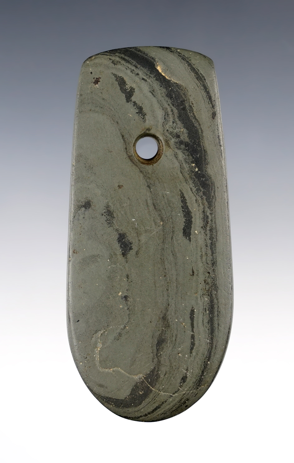 3 3/4" Banded Slate Pendant found in Muskingum Co., Ohio. Ex. Glen Miller collection.