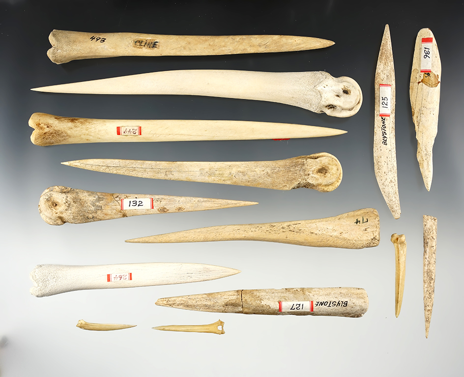 Set of 14 assorted Bone Awls found in Fairfield Co., Ohio. The largest is 7 3/16".