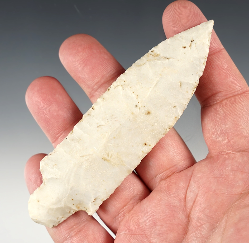 4 7/16" Stemmed Knife that is well flaked. Found in Pike Co., Illinois.