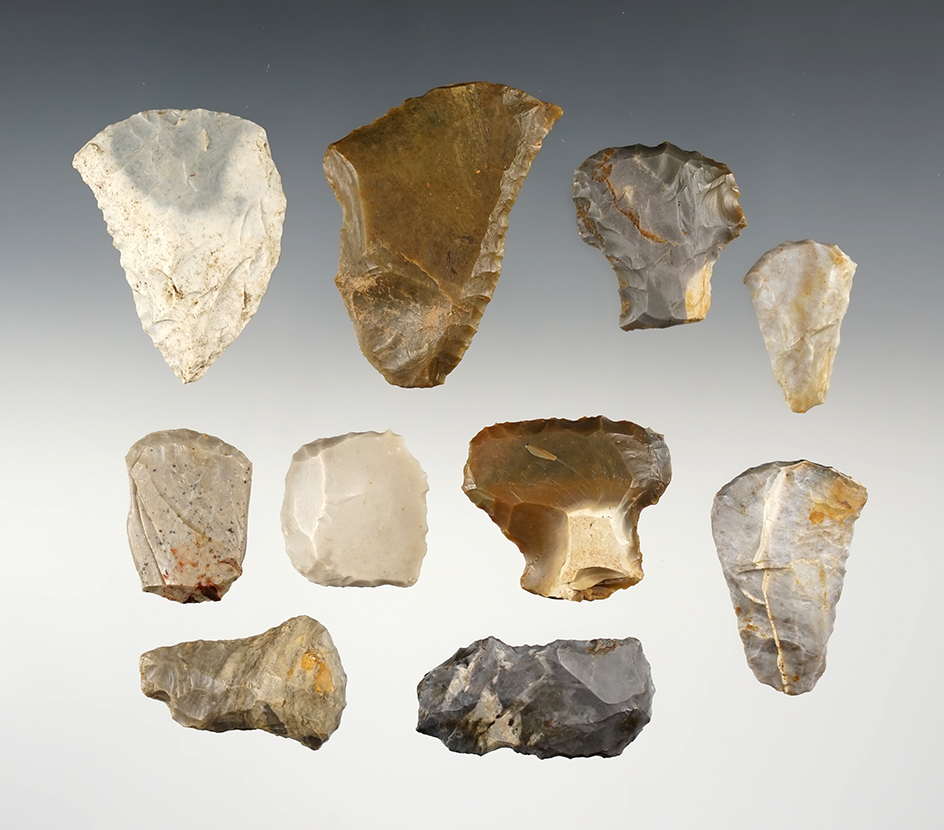 Set of 10 Uniface Tools and Scrapers found in Ohio. The largest is 2 1/4".