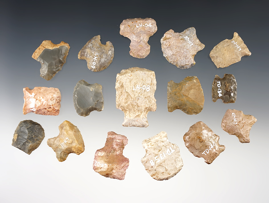 Set of 16 Hafted Scrapers found in Ohio and Kentucky. The largest is 1 13/16".