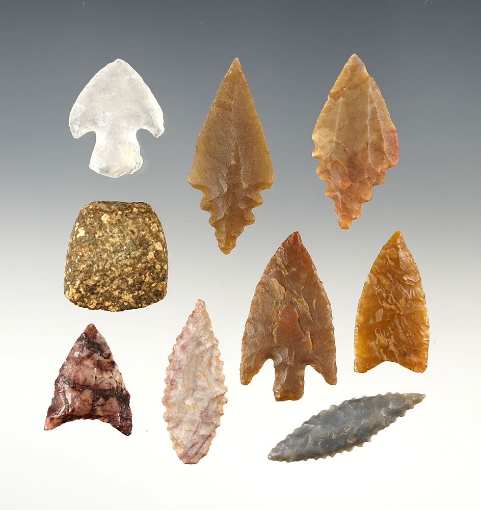 Set of 8 African Neolithic points and 1 Celt. The largest is 1 9/16".